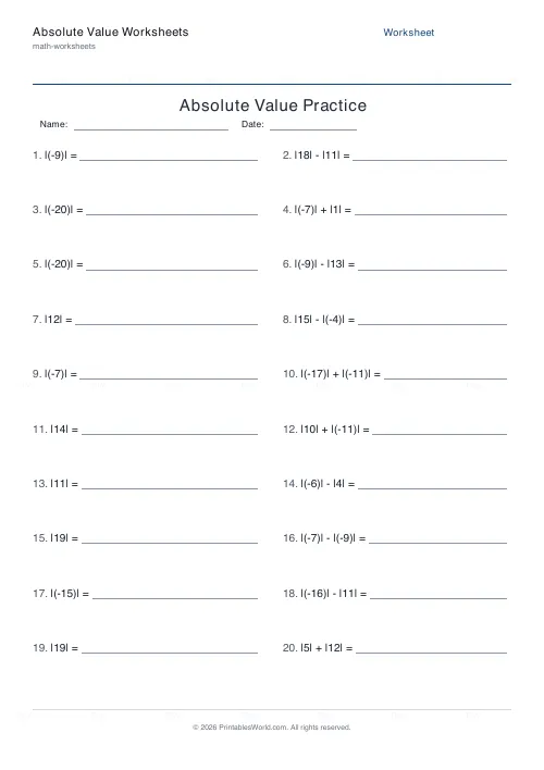 Free printable absolute value worksheets — PDF download