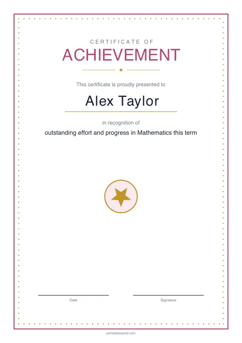 Free printable achievement certificate — Rose Blush — PDF download