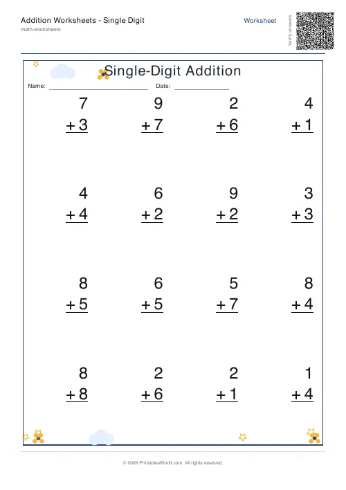 Free printable addition worksheet — Vertical / line-by-line, with answer key — PDF download