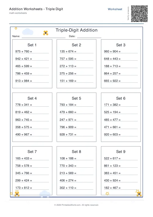 Free printable addition worksheet — Table style, with answer key — PDF download