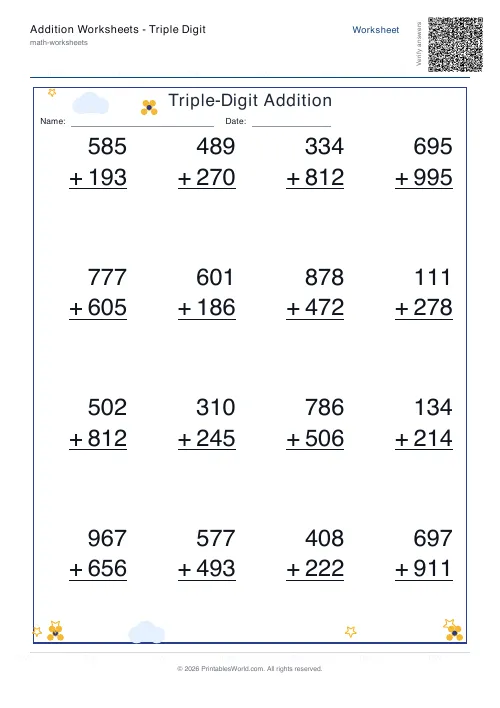 Free printable addition worksheet — Vertical / line-by-line, with answer key — PDF download