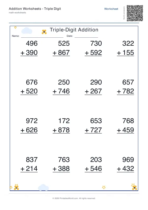 Free printable addition worksheet — Vertical / line-by-line — PDF download