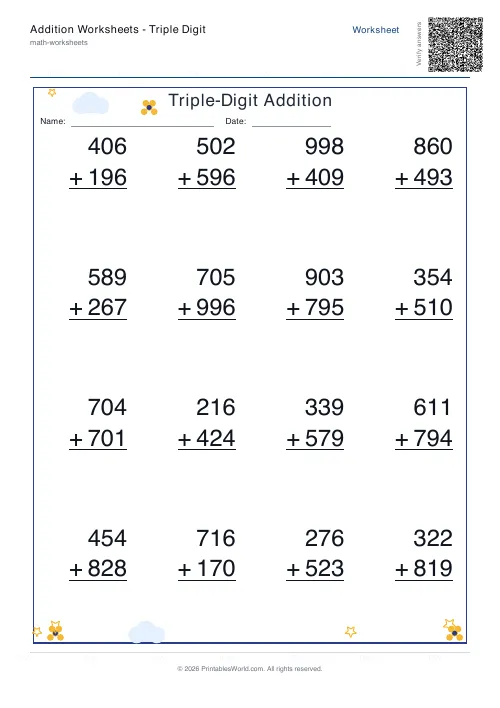 Free printable addition worksheet — 3-digit — PDF download