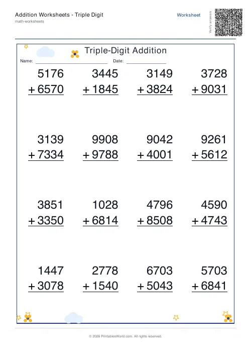 Free printable addition worksheet — 4-digit — PDF download