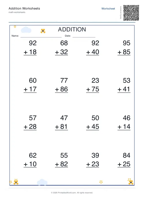 Free printable 2-digit addition worksheet PDF in vertical column format for Grade 1–2 — set 2