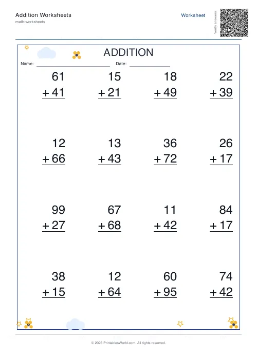Vertical two-digit addition worksheet laid out in column format