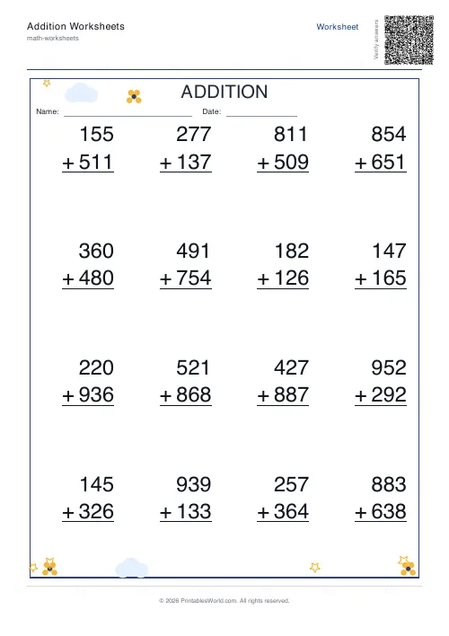 Three-digit vertical addition answer key with completed sums, set 1