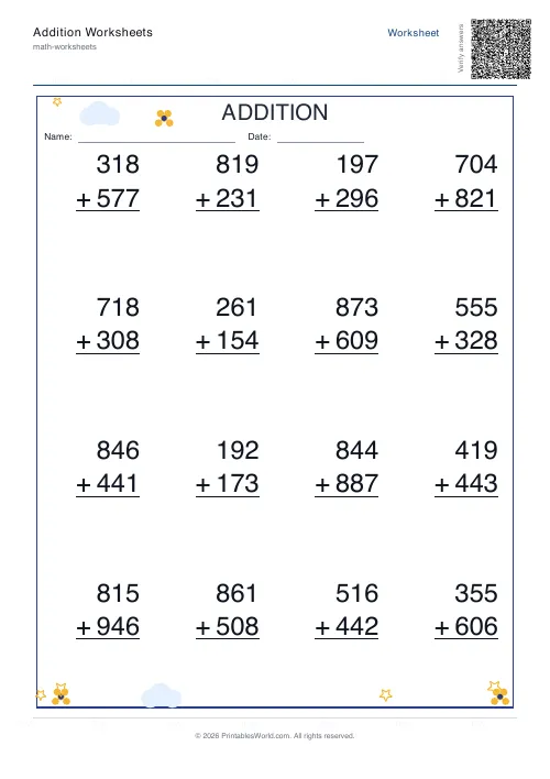 Three-digit vertical addition answer key with completed sums, set 3