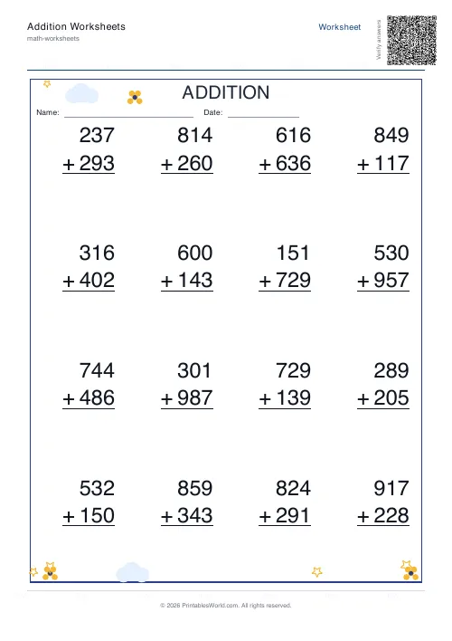 Vertical three-digit addition worksheet with regrouping in column format