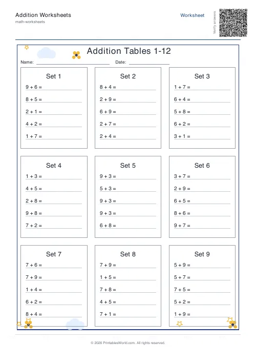 Printable addition tables 1 to 12 worksheet, third set of single-digit addition problems