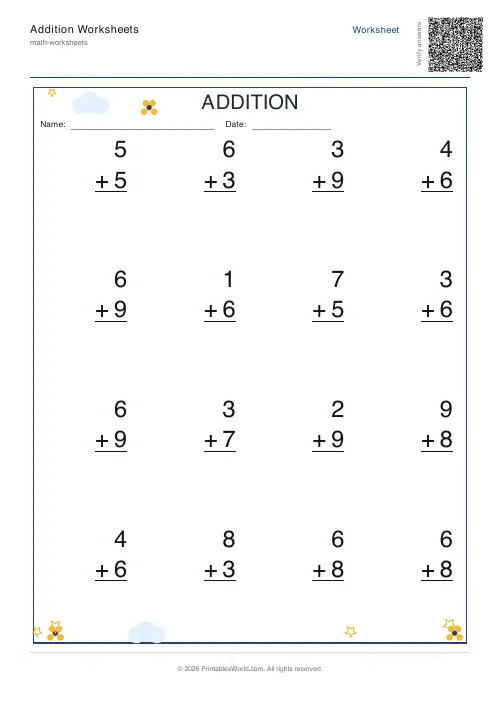 Vertical single-digit addition worksheet laid out in column format
