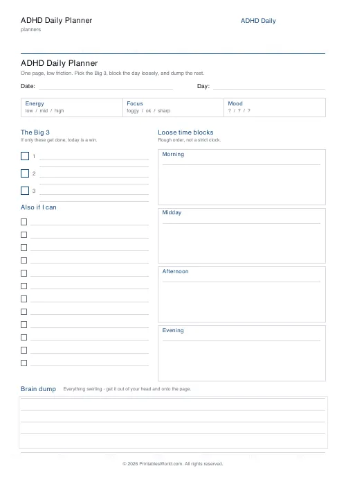 Free printable ADHD daily planner — 4 time blocks — PDF download