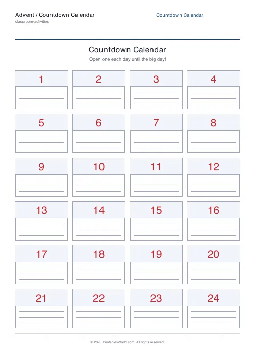 Free printable countdown advent calendar — 1 to N — PDF download