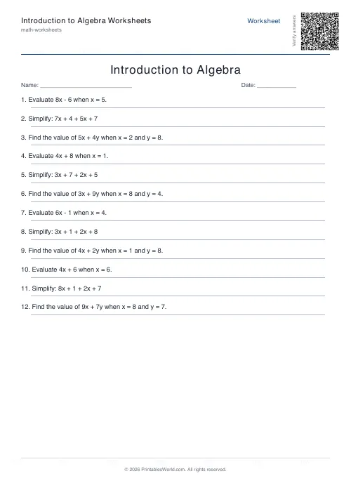 Free printable intro algebra worksheet — Mixed — PDF download