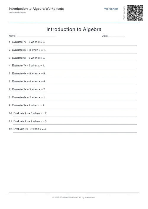 Free printable intro algebra worksheet — Evaluate expressions, with answer key — PDF download