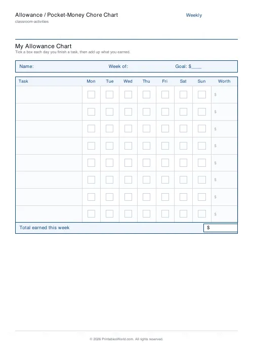 Free printable allowance chore chart — Dollar ($) — PDF download