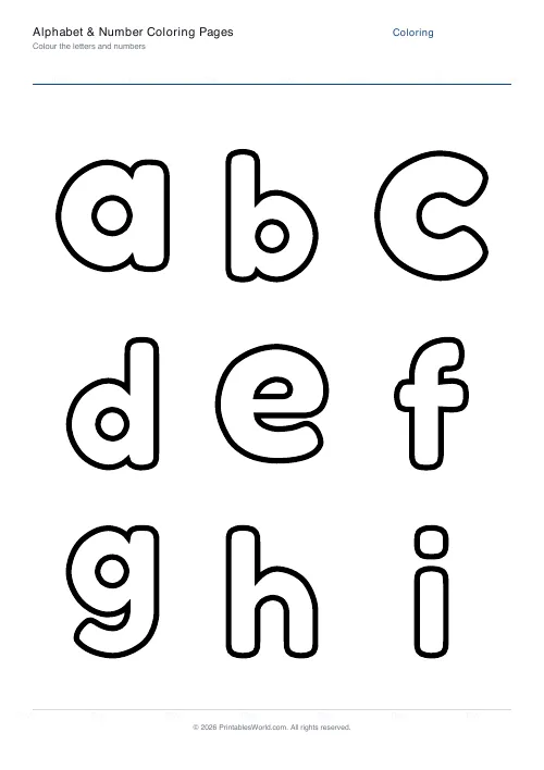 Free printable letter and number coloring page — Lowercase letters — PDF download
