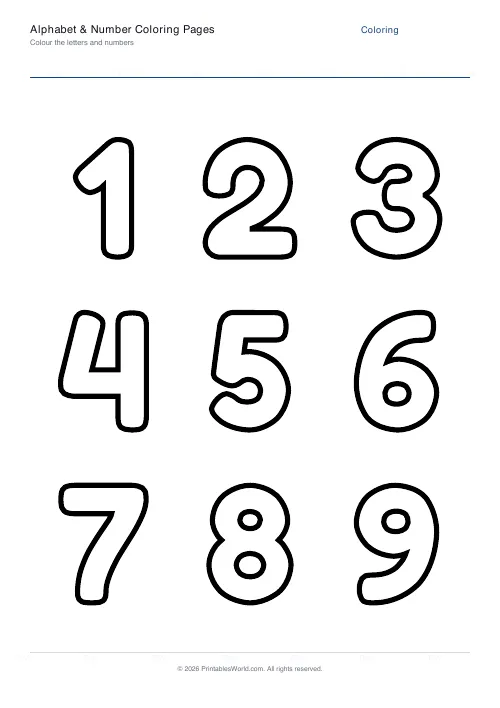 Free printable letter and number coloring page — Solid outline — PDF download