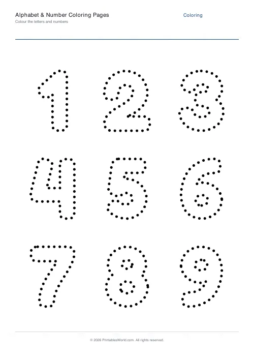Free printable letter and number coloring page — Dotted (tracing) — PDF download