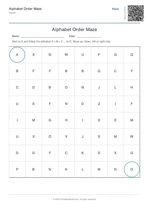 Free printable alphabet order maze — 8×8 — PDF download