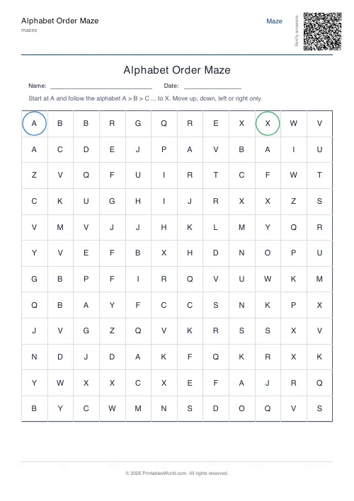 Free printable alphabet order maze — 12×12 — PDF download