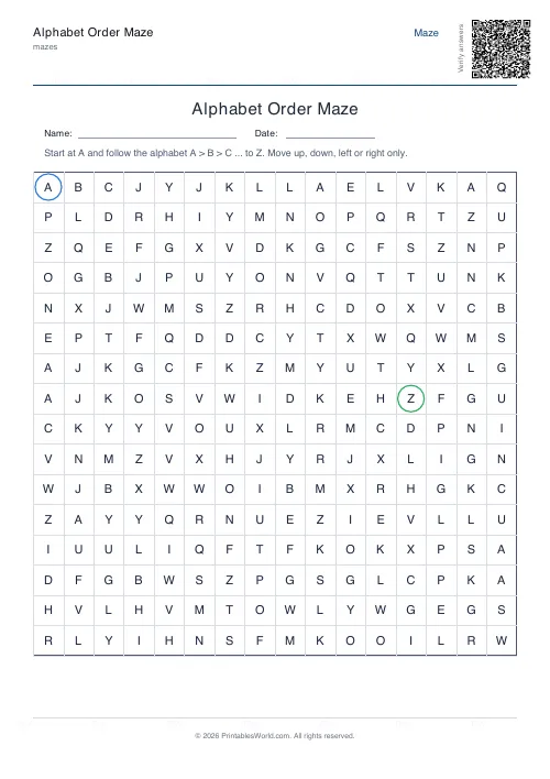 Free printable alphabet order maze — 16×16 — PDF download