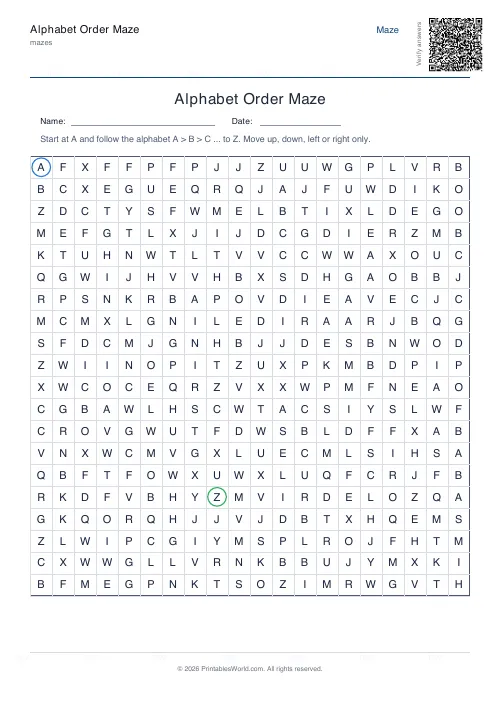 Free printable alphabet order maze — 20×20 — PDF download