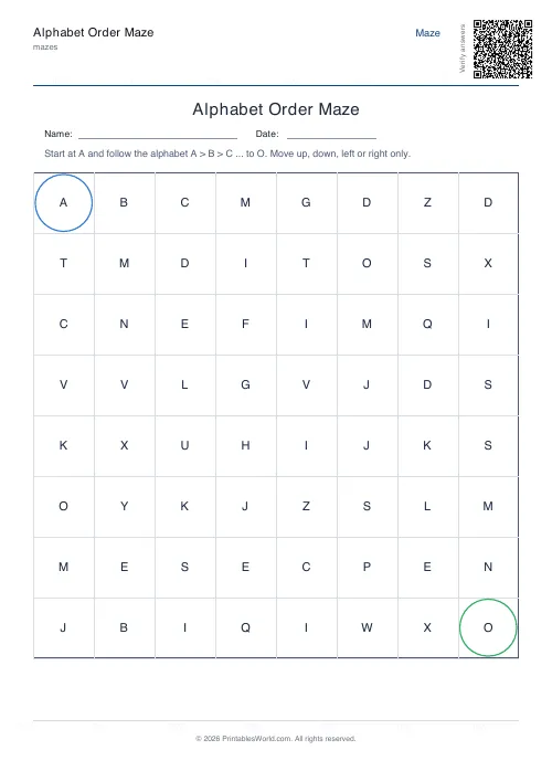 Free printable alphabet order maze — 8×8, with answer key — PDF download
