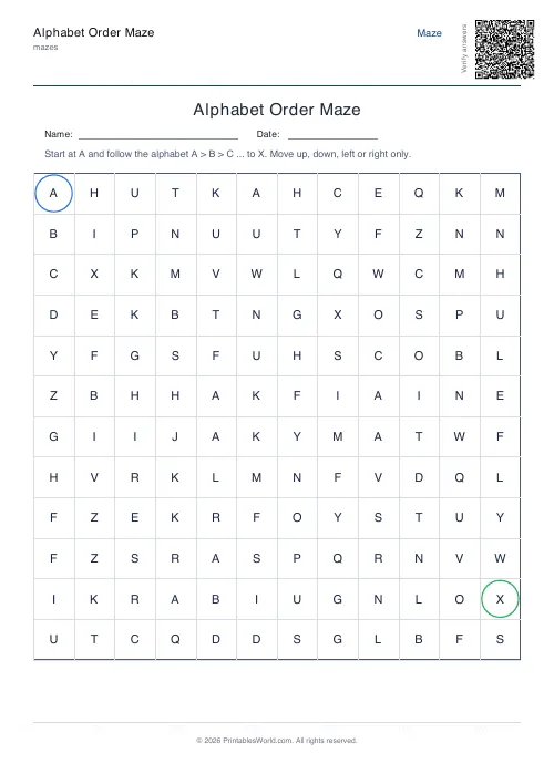 Free printable alphabet order maze — 12×12, with answer key — PDF download