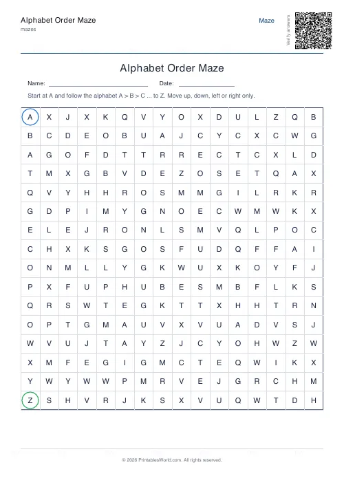 Free printable alphabet order maze — 16×16, with answer key — PDF download