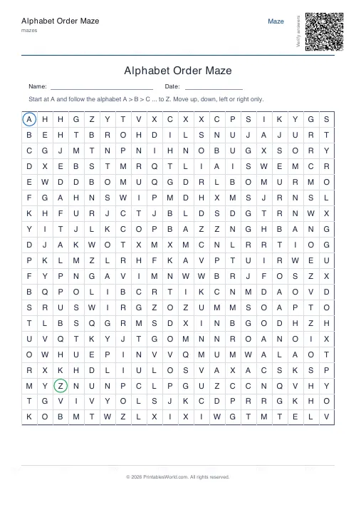 Free printable alphabet order maze — 20×20, with answer key — PDF download