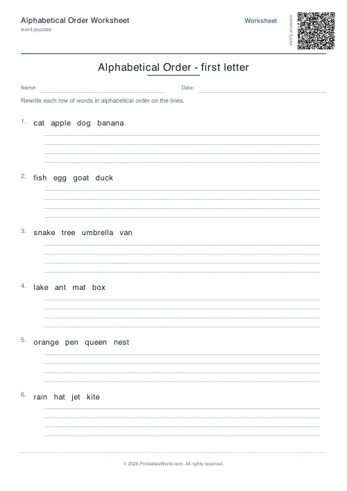 Free printable alphabetical order worksheet — 6 problems, with answer key — PDF download