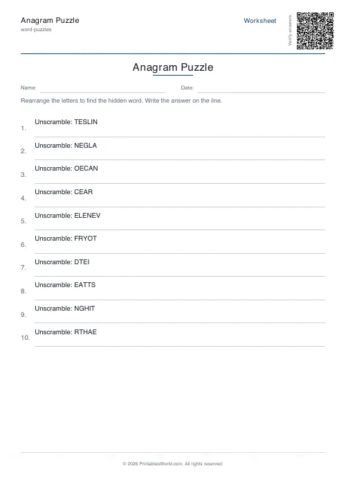 Free printable anagram puzzle — 10 words — PDF download