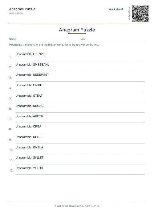 Free printable anagram puzzle — 20 words — PDF download