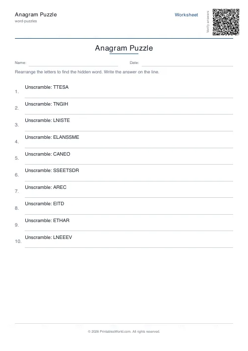 Free printable anagram puzzle — 10 words, with answer key — PDF download