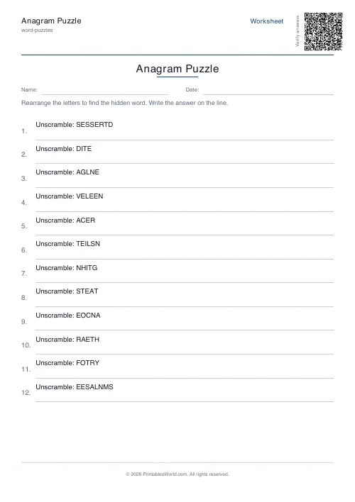 Free printable anagram puzzle — 20 words, with answer key — PDF download