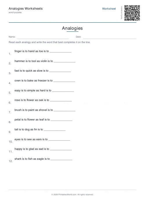 Free printable analogies worksheets — PDF download