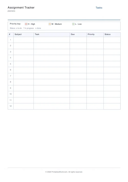 Free printable assignment tracker — 12 rows — PDF download
