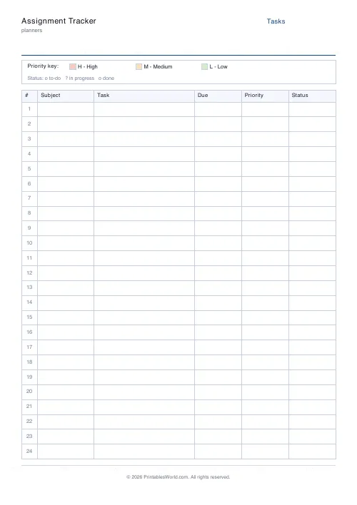 Free printable assignment tracker — 24 rows — PDF download