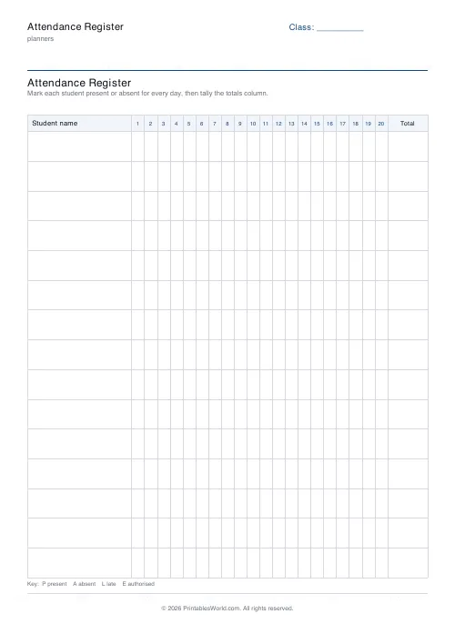 Free printable attendance register — 15 students — PDF download
