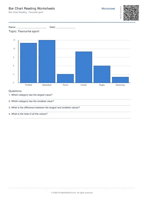 Free printable bar chart reading worksheet — 6 bars — PDF download