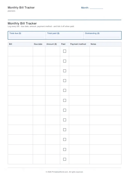 Free printable bill tracker — Dollars (USD) — PDF download