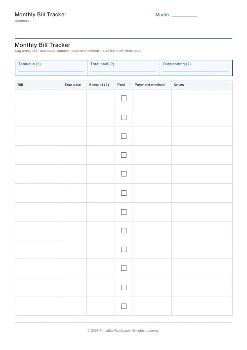 Free printable bill tracker — Euros (EUR) — PDF download