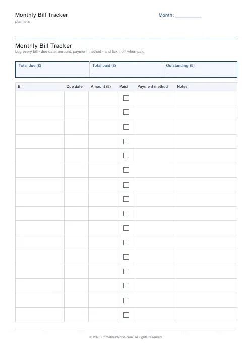 Free printable bill tracker — 16 bills — PDF download