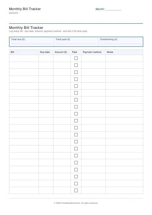 Free printable bill tracker — 20 bills — PDF download