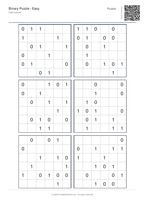 Free printable binary puzzle — Hard, with answer key — PDF download