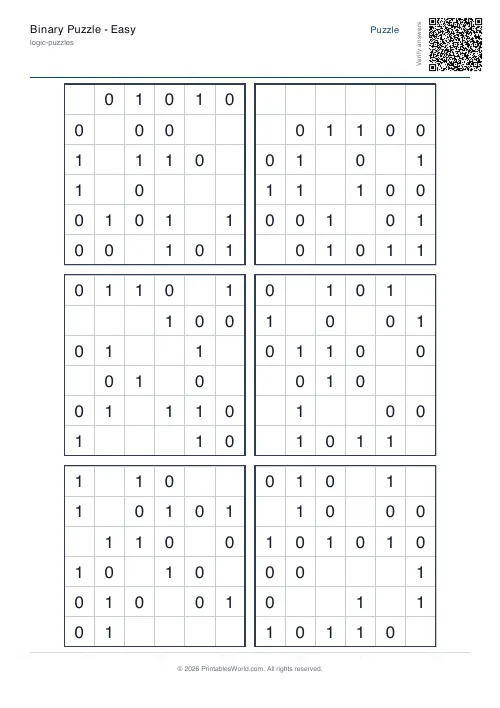 Free printable binary puzzle — 6x6, with answer key — PDF download