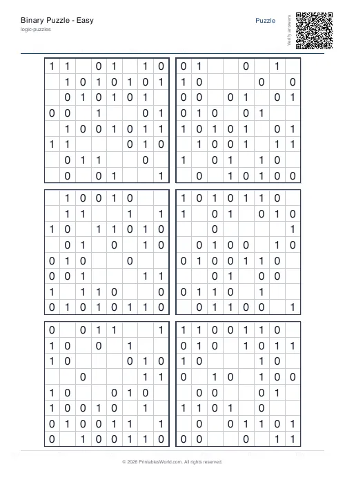 Free printable binary puzzle — 8x8, with answer key — PDF download