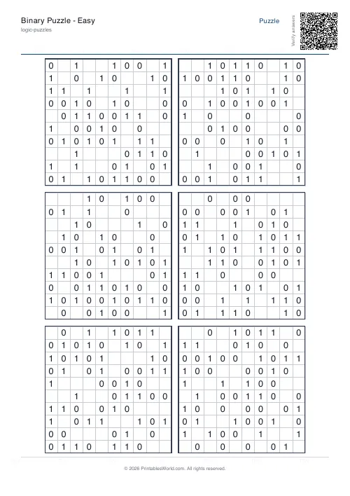 Free printable binary puzzle — 10x10, with answer key — PDF download