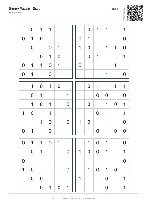 Free printable binary puzzle — Medium — PDF download